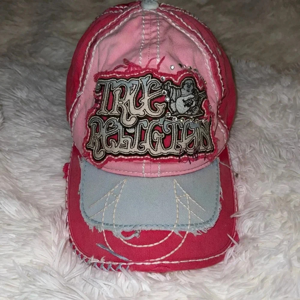 VTG True Religion Embellished Embroidered Cap Hat Buddha Retro Pink One Size